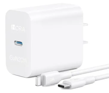 Cargador TIPO C GaN Turbo 20W Carga Rápida 3A 1HORA con Cable USB C a IP Compatible con iPhone 8 11/12/13/14/XS/XR, iPad mini 6/7, iPad Air 4/5/6, iPad 8–12.Portátil Ideal Viajes y Oficina